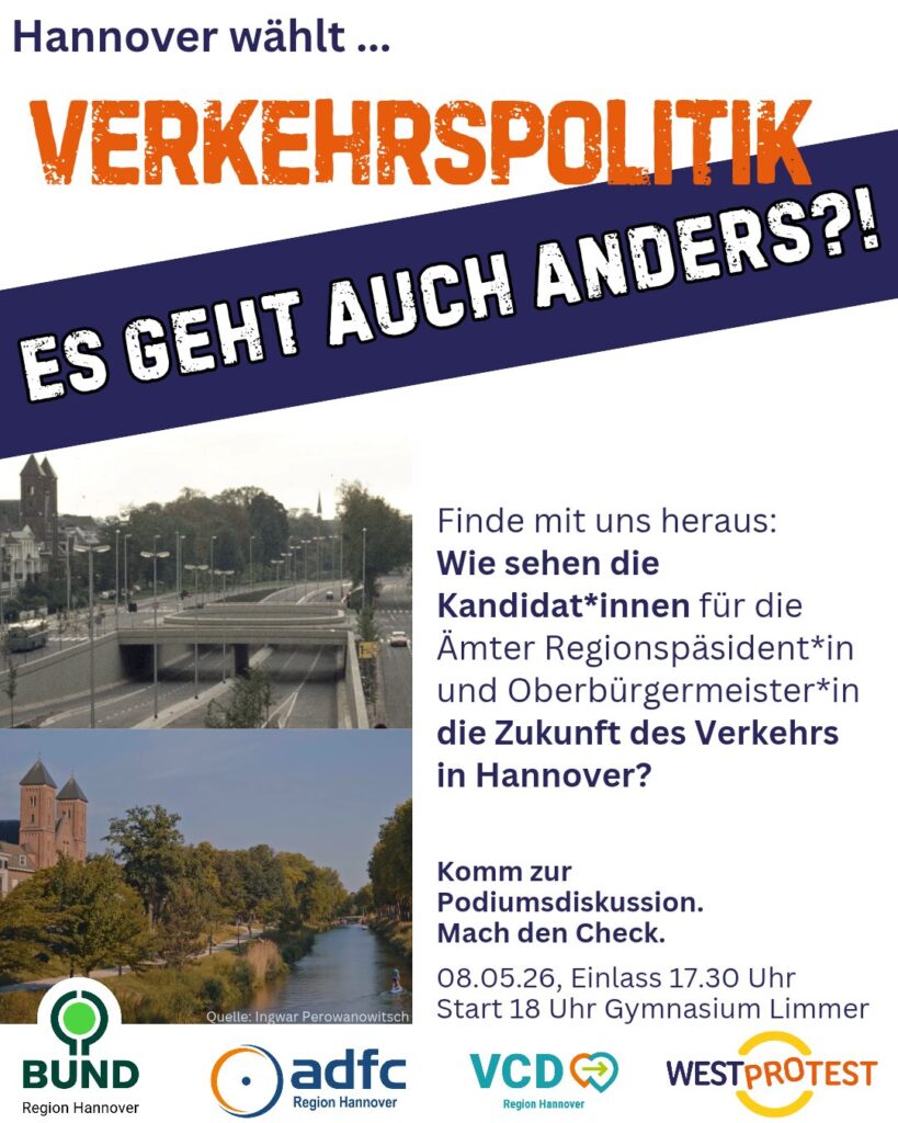 Podium zur Verkehrspolitik am Fr 08.05.2026 um 18 Uhr im Gymnasium Limmer